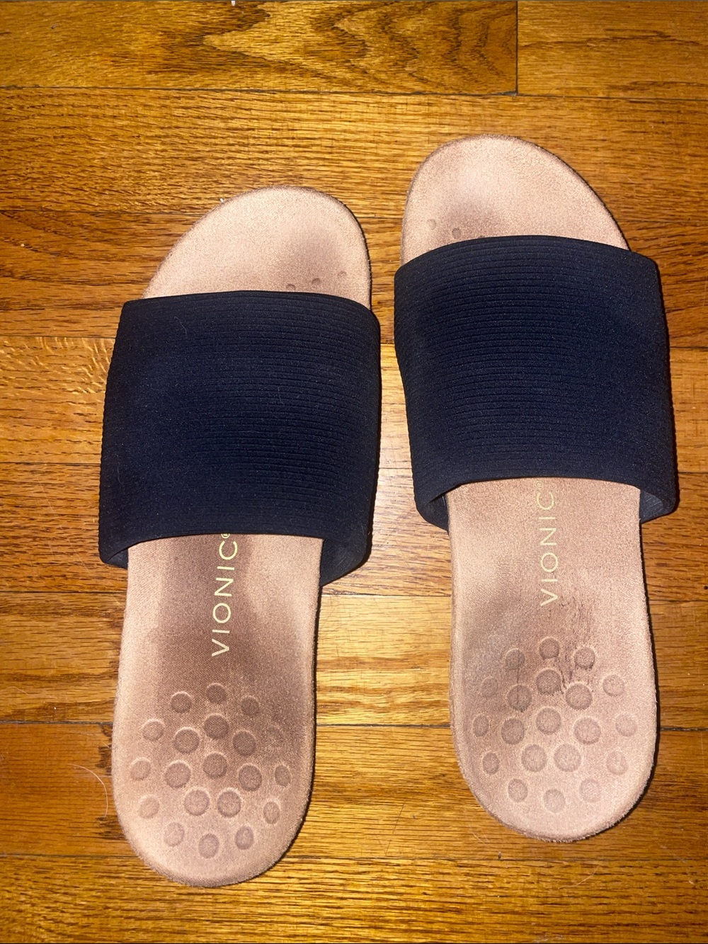 Vionic Black Slide Sandals with Tan Footbed